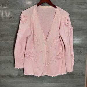 Vintage 80s Womens Medium 3D Floral Knit Cardigan Sweater Cottagecore Granny